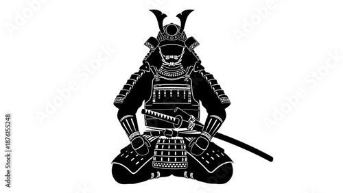 Illustration of a samurai warrior kneeling with a sword on a plain white background