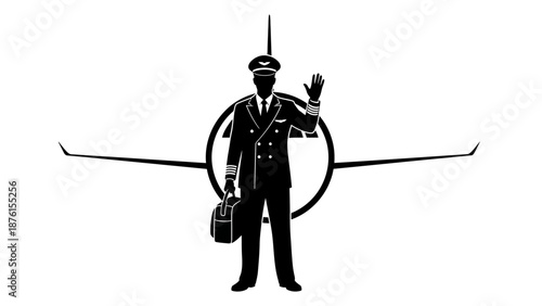 Pilot standing in front of a stylized airplane silhouette, holding a briefcase and waving, in a monochrome illustration.