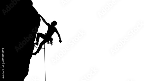 A climber ascending a rugged cliff face with a rope from a distant viewpoint