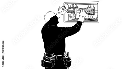 A technician examines a complex technical drawing of a machine with multiple components and sections.