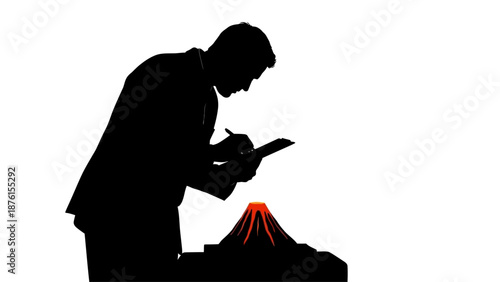 Man examining a mysterious glowing object on a table in a dimly lit room from a side view