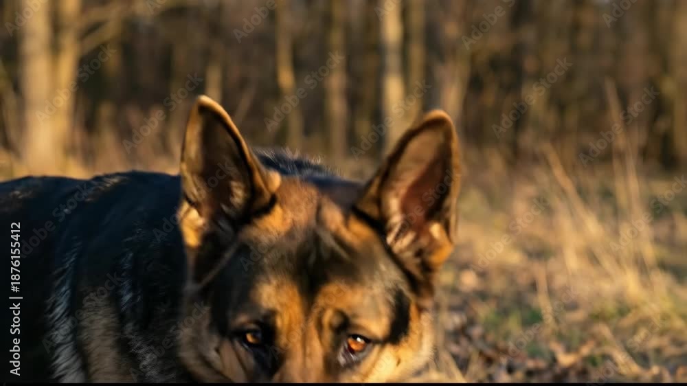 custom made wallpaper toronto digitalGerman Shepherd Dog with Alert Ears and Focused Expression in Sunlit Forest, Showcasing Thick Fur and Natural Outdoors Atmosphere