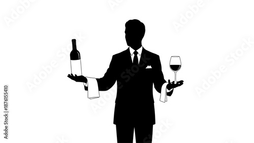 A suited man holds a wine bottle and glass in his outstretched hands