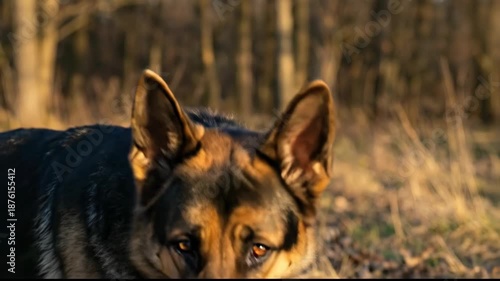 Wallpaper Mural German Shepherd Dog with Alert Ears and Focused Expression in Sunlit Forest, Showcasing Thick Fur and Natural Outdoors Atmosphere Torontodigital.ca
