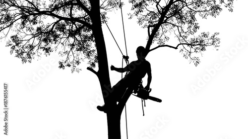 Arborist climbing a tree with ropes and equipment from a high vantage point