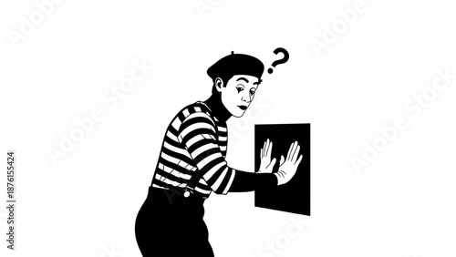 Man peeking behind a black frame with a questioning expression