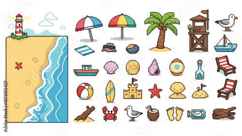 Cute Pixel Art Beach and Ocean Objects Set for Indie Games