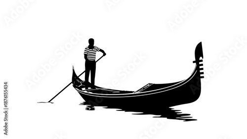 A gondolier stands proudly in his gondola, navigating through calm waters, captured in a serene silhouette illustration.