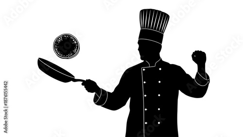Chef silhouette tossing food in a pan with a confident gesture