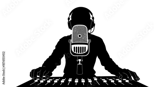 A person wearing headphones operates a sound mixing board with a microphone attached
