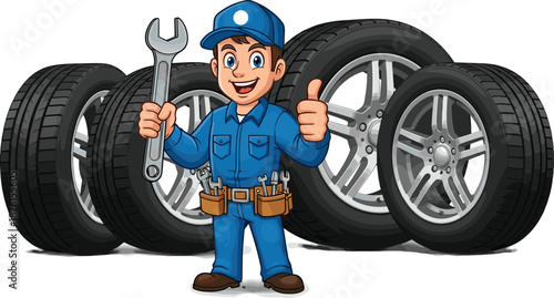 Cartoon auto mechanic character holding a wrench and giving a thumbs up in front of car tires for automotive repair services