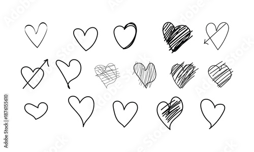 a collection of hand drawn hearts in various styles and designs