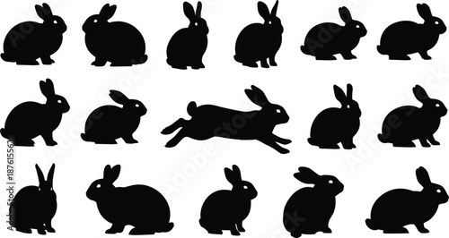 Collection of Rabbit and Bunny Silhouettes in Various Poses Including Sitting Jumping and Standing for Easter Nature and Wildlife Design