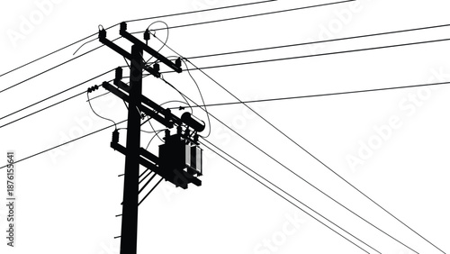 High Voltage Electrical Utility Pole Silhouette With Power Lines And Transformer For Energy Infrastructure Public Works And Industrial Electricity Distribution
