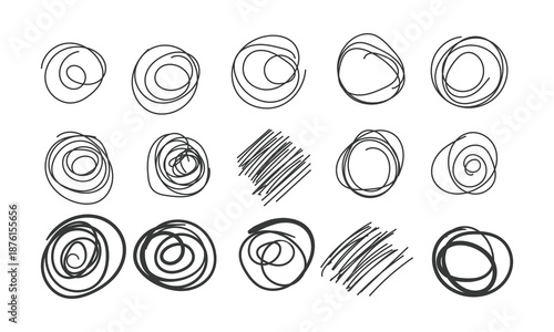 a collection of hand drawn swirling circular line art designs