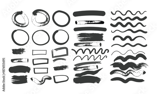 a collection of various black and white brush strokes and shapes
