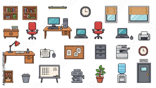 Retro 8-Bit Pixel Art Office Assets Set