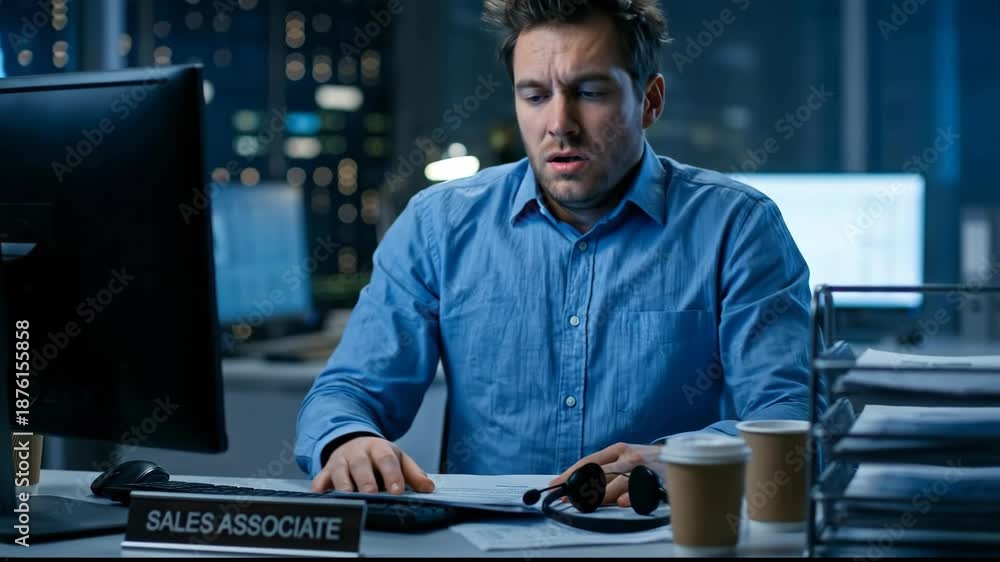 custom made wallpaper toronto digitalTired Sales Associate in Blue Shirt Works Late at Night in Office Surrounded by Paperwork and Coffee Cups