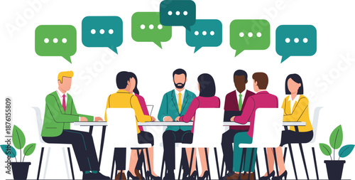 Business Professionals Team Sitting Around Office Meeting Table with Speech Bubbles for Corporate Communication Collaboration Brainstorming and Strategy Planning Vector Illustration