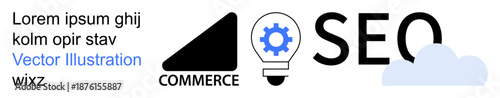 SEO optimization, digital marketing, e-commerce, online strategy, search engine ranking, cloud computing. Light bulb with gear, commerce text cloud and SEO text. SEO optimization and digital