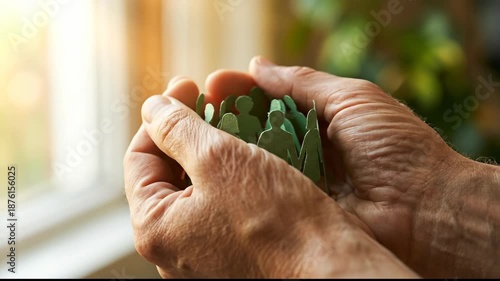 Wallpaper Mural Hands Gently Holding Green Paper Cutouts of People, Symbolizing Community, Care, and Unity in Warm, Comforting Atmosphere Torontodigital.ca