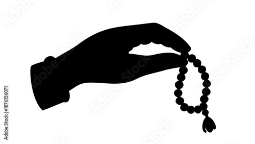 Vector silhouette of a hand holding and counting prayer beads (Tasbih), detailed bead shapes, solid black, isolated on white background