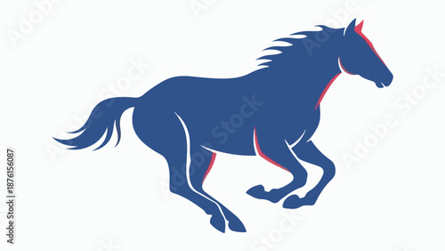 A stylized blue horse with red accents galloping on a white background, depicted in a dynamic and modern graphic style.