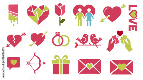 Valentine love icon collection with cupid bow heart letter and couple