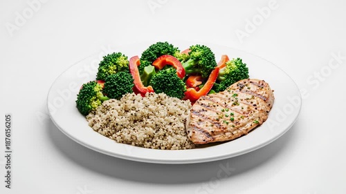 Wallpaper Mural Grilled chicken breast with quinoa, steamed broccoli and sliced red pepper on a white dinner plate Torontodigital.ca