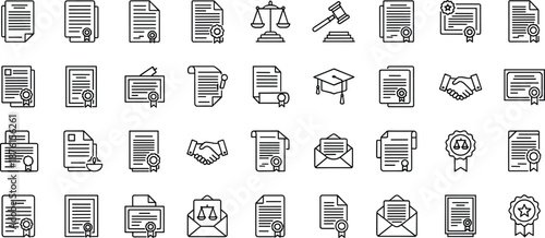 Legal document contract line icons set, law justice certificate agreement approval outline vector symbols collection business office workflow signature compliance