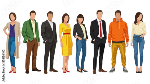 Diverse Stylized Human Figures in Contemporary Clothing, Flat Vector Illustration, Modern Fashion and Business Characters