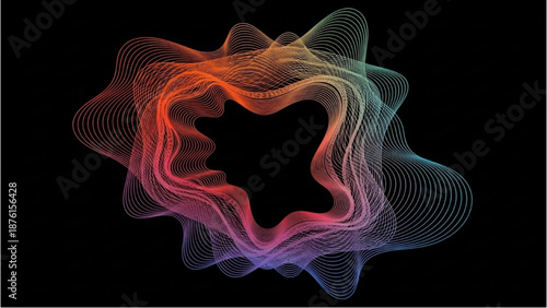 Abstract Geometric Artwork with Flowing Curved Lines and Gradient Colors, Digital Modern Minimalist Design on Black Background