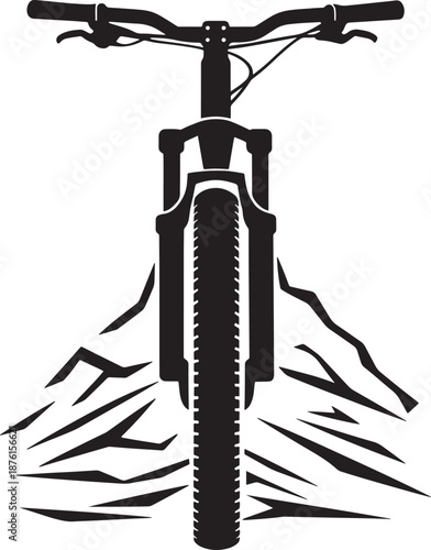 Black and white silhouette of a mountain bike front wheel and handlebars with jagged mountain peaks behind it.