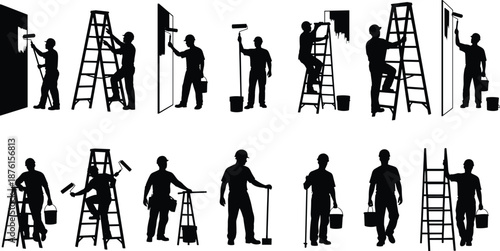 Black Silhouettes of Construction Workers and Painters with Ladders and Tools for Professional Home Renovation Building Site and Industrial Services