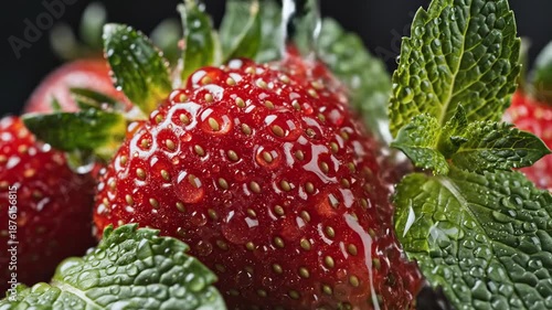 Wallpaper Mural Macro view of ripe strawberries with glistening water droplets, fresh mint leaves and flowing waters Torontodigital.ca