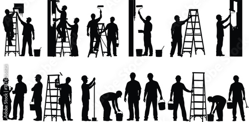 Black Silhouettes of Construction Workers and Painters with Ladders and Tools for Professional Home Renovation Building Site and Industrial Services