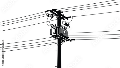 High Voltage Electric Power Line Utility Pole with Distribution Transformer and Wired Cables Silhouette Illustration Isolated on White Background for Industrial Design