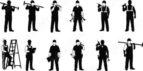 Black Silhouettes of Construction Workers and Industrial Builders Holding Tools for Professional Engineering Labor Site Development and Building Contractor Services