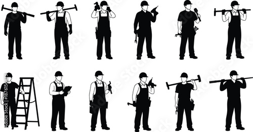 Black and White Silhouettes of Construction Workers and Industrial Builders Holding Tools for Professional Engineering Labor and Building Contractor Services