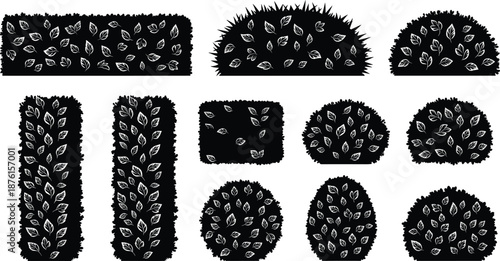 Garden Hedge and Bush Silhouette Vector Set Featuring Various Shrub Shapes and Leafy Greenery Outlines for Landscape Architecture and Outdoor Design Project