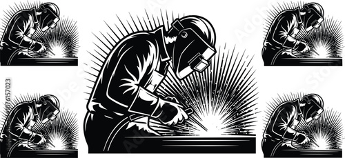 Professional Metal Welder Working with Industrial Spark Flash Silhouette Vector Illustration for Construction Engineering and Manufacturing Workshop Design Projects