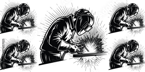 Industrial Metal Welder at Work Silhouette Vector Set Featuring Professional Fabrication with Spark Flash for Manufacturing and Construction Engineering Design