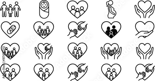 Family care and love line icons set showing parents children pregnancy baby support protection and social care symbols