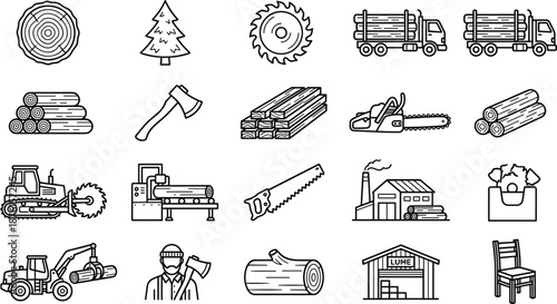 Forestry and lumber industry line icons set featuring logging tools machinery wood processing transportation and timber production elements
