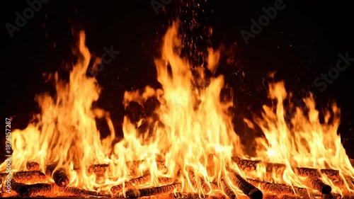 Wallpaper Mural Raging orange and yellow flames leap from stacked logs in a nighttime fire, embers scattering, glow Torontodigital.ca
