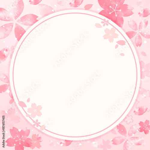 桜の手描き背景と丸フレーム_正方形