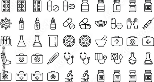 Medical pharmaceutical icon set featuring pills capsules bottles syringes masks gloves thermometers stethoscopes test tubes beakers petri dishes first aid