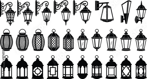 Vintage lantern and street lamp silhouette icon set featuring classic outdoor lighting wall mounted and hanging lamp designs