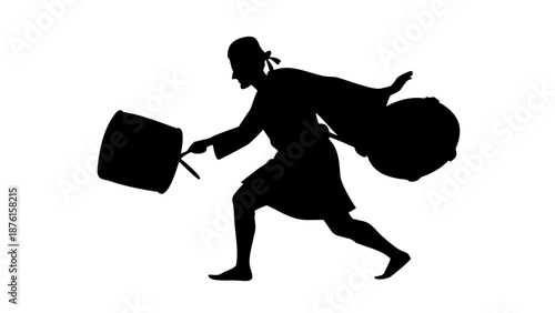 Vector silhouette of a traditional Ramadan drummer (Mesaharati) walking and beating a small drum, folk tradition, solid black, isolated on white background