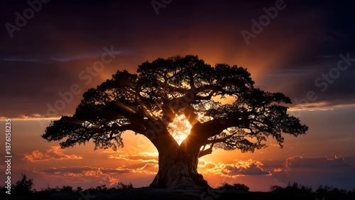 A majestic baobab tree silhouetted against a dramatic African sunset